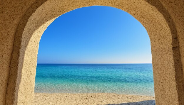 Foto uma vista de uma praia através de um arco com uma vista do oceano