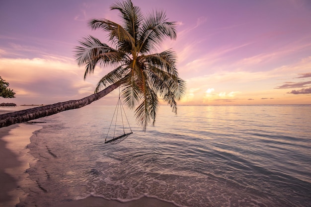 Uma vista de uma praia com palmeiras e balanço ao pôr do sol. Paisagem única, paraíso sereno e pacífico