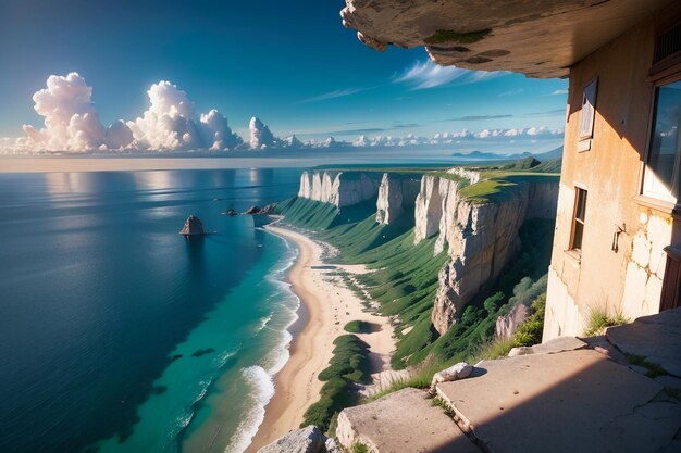 Uma vista de uma praia de um penhasco