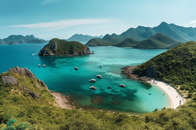 uma vista de uma praia e algumas montanhas