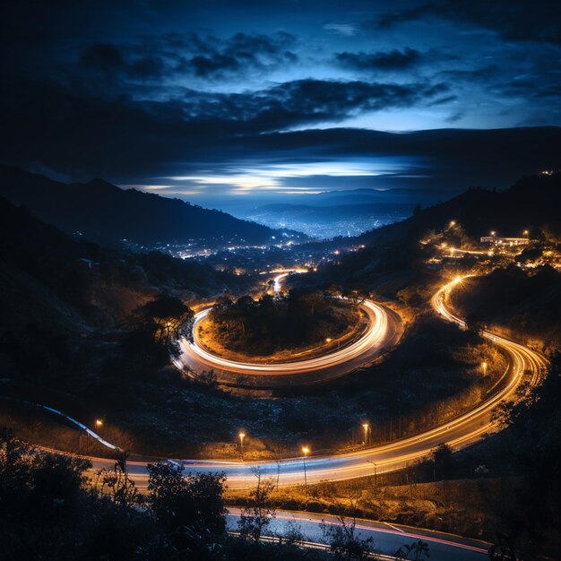 Uma vista de uma rodovia com um carro a descer.