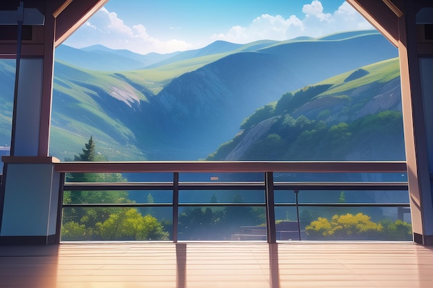Uma vista de uma varanda de uma cena de montanha.