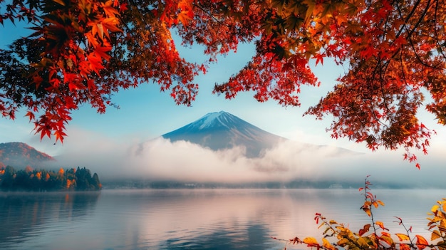 Uma vista deslumbrante da Montanha Fuji na colorida estação de outono com a névoa matinal suavemente flutuando sobre o Lago Kawaguchiko As folhas vermelhas vivas das árvores circundantes contrastam AI Generative