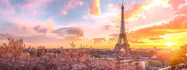 Uma vista deslumbrante da Torre Eiffel ao pôr-do-sol com árvores em flor e vida movimentada na cidade