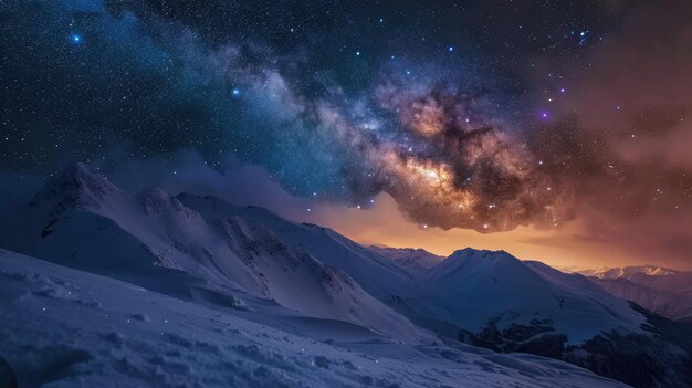 Uma vista deslumbrante da Via Láctea iluminando o céu noturno sobre majestosas montanhas de inverno