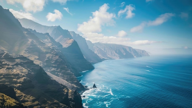 Uma vista deslumbrante de montanhas que se encontram com o oceano