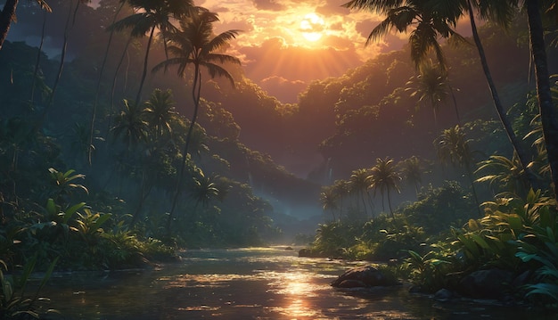 Uma vista deslumbrante de raios de sol e palmeiras ao lado do rio ao pôr-do-sol, criando uma paisagem natural serenamente bela e pacífica.