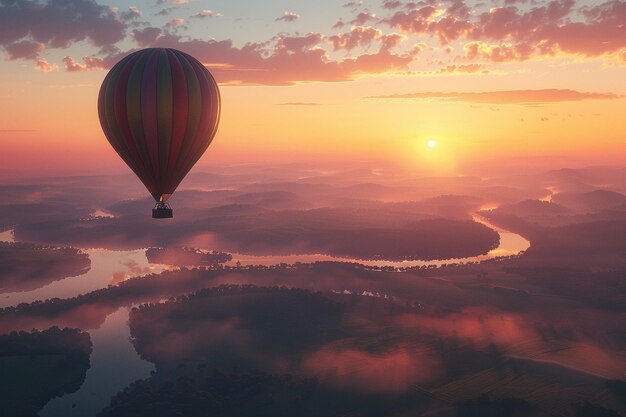 Uma vista deslumbrante de um balão de ar quente ao nascer do sol