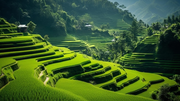 Uma vista deslumbrante de um terraço de arroz com campos verdes e um céu limpo