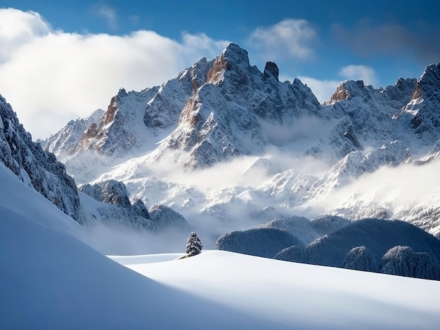 Uma vista deslumbrante de uma enorme montanha coberta de neve