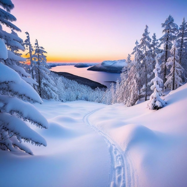 Uma vista deslumbrante de uma floresta coberta de neve durante o pôr-do-sol na Noruega