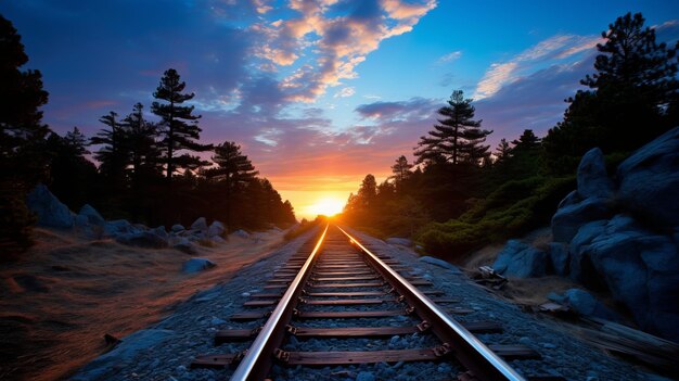 Foto uma vista deslumbrante de uma pitoresca ferrovia que serpenteia por uma encantadora aldeia ao pôr-do-sol