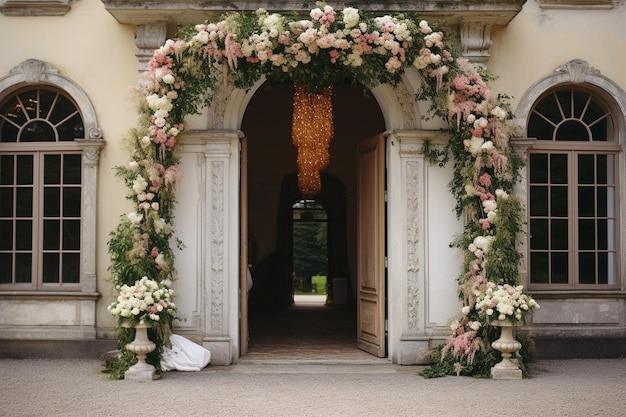 Uma vista deslumbrante do local do casamento decorado para a celebração