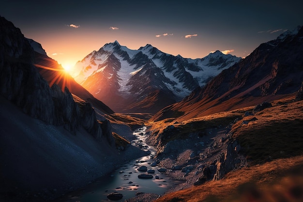 Uma vista deslumbrante do nascer do sol sobre um vale montanhoso com névoa subindo dos picos e lançando uma luz suave sobre a paisagem Gerada por IA