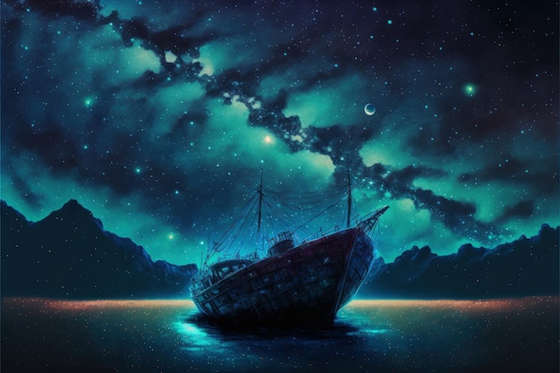 Uma vista deslumbrante do navio deserto sob o céu estrelado com a galáxia Via Láctea Conceito de fantasia Ilustração pintura Generative AI
