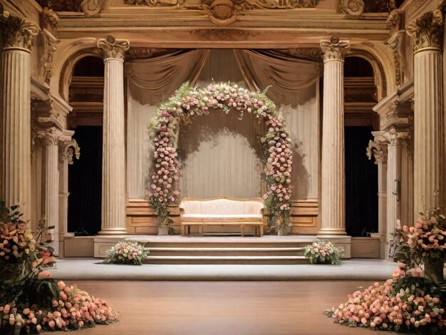 Uma vista deslumbrante do palco do casamento com colunas e flores no centro