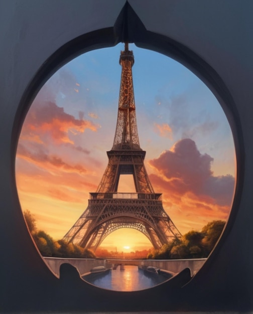 Uma vista deslumbrante do pôr-do-sol de Paris com a icônica Torre Eiffel