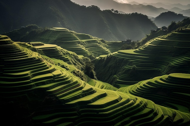 Uma vista deslumbrante dos verdejantes terraços de arroz
