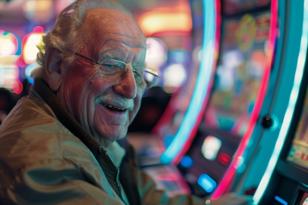 Uma vista detalhada de um homem idoso sorridente em um cassino seu rosto cheio de esperança e excitação como ele joga nas máquinas caça-níqueis