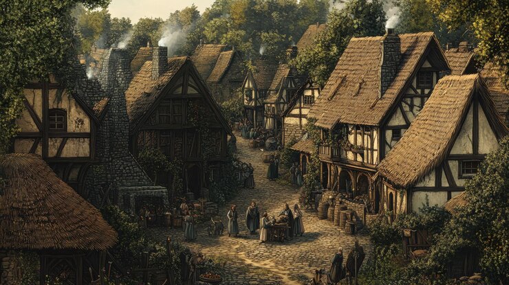 Foto uma vista detalhada de uma aldeia medieval com casas com telhados de palha, caminhos de paralelepípedos e aldeões