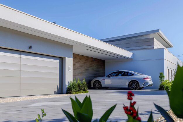 Foto uma vista detalhada de uma moderna garagem de dois carros a garagem faz parte de uma casa contemporânea elegante