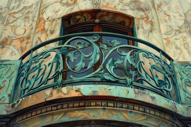 Uma vista detalhada de uma varanda de metal lindamente projetada em um edifício Art Nouveau