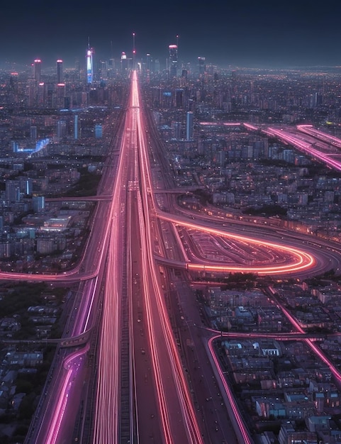 Uma vista distante de uma paisagem urbana iluminada por neon com carros correndo