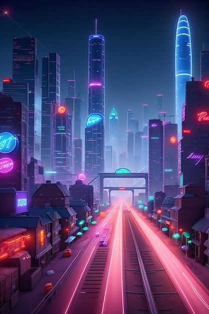 Uma vista distante de uma paisagem urbana iluminada por neon com carros correndo