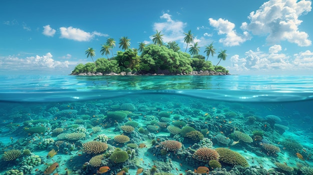 Uma vista dividida de uma ilha tropical e um recife de corais com linhas de água