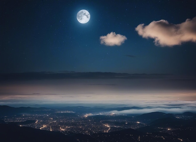 Uma vista do céu noturno com fundo de lua