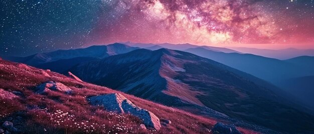 Foto uma vista do céu noturno com uma montanha em primeiro plano