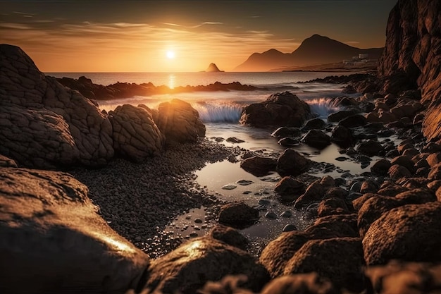 Uma vista do Mar Mediterrâneo em Almeria ao pôr do sol com rochas e poças de maré em primeiro plano