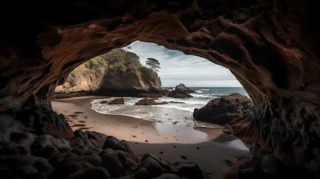 Uma vista do oceano a partir da caverna