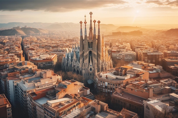 Uma vista do pôr do sol da catedral de barcelona