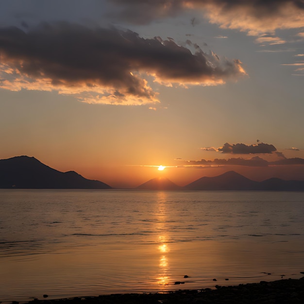 uma vista do pôr-do-sol da praia com montanhas ao fundo