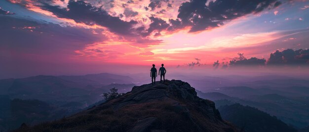 Foto uma vista do pôr-do-sol de amigos de pé em uma montanha