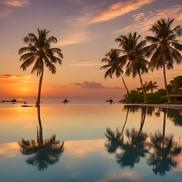 uma vista do pôr-do-sol de palmeiras e uma piscina com um pôr- do-sol no fundo