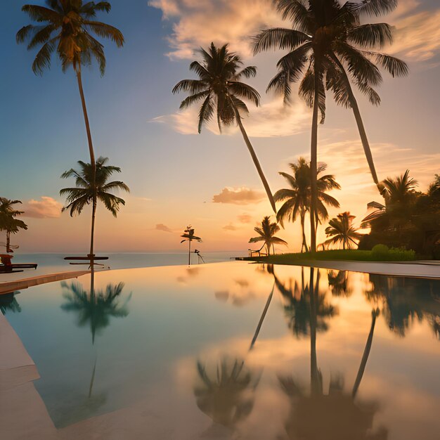 uma vista do pôr-do-sol de palmeiras e uma piscina com um pôr- do-sol no fundo