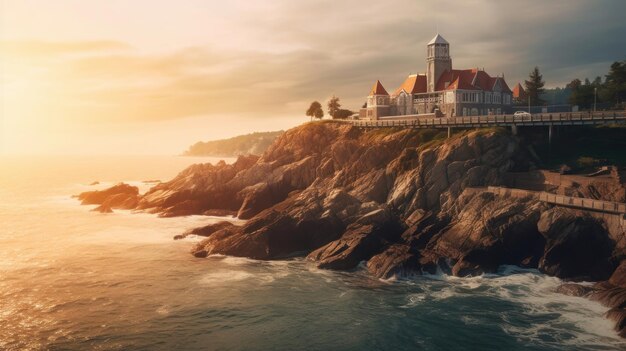 uma vista do pôr do sol de um castelo em um penhasco com vista para o oceano.