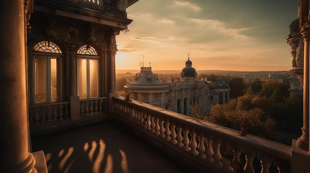 Uma vista do pôr do sol de um edifício com uma grande janela que diz "a palavra operação"