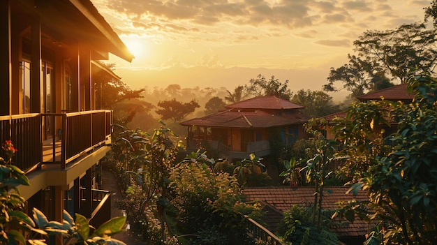 Foto uma vista do pôr-do-sol de uma aldeia com uma casa ao fundo