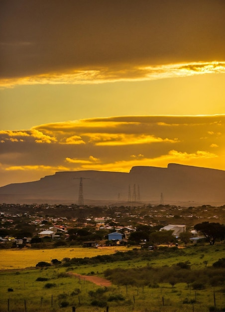 uma vista do pôr-do-sol de uma cidade com uma montanha ao fundo