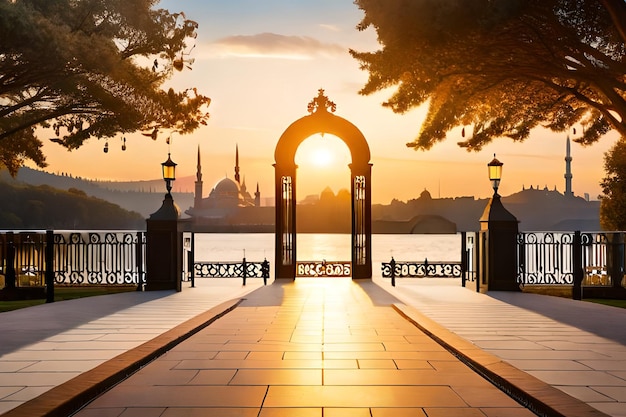 Uma vista do pôr do sol de uma mesquita com um portão e uma ponte ao fundo.