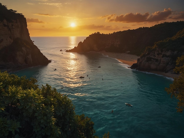 Foto uma vista do pôr-do-sol de uma praia com surfistas na água