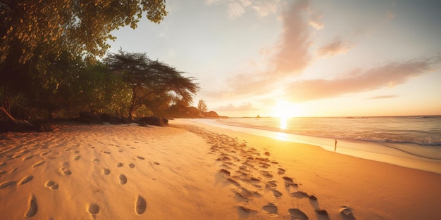 Uma vista do pôr do sol de uma praia com um pôr do sol ao fundo.