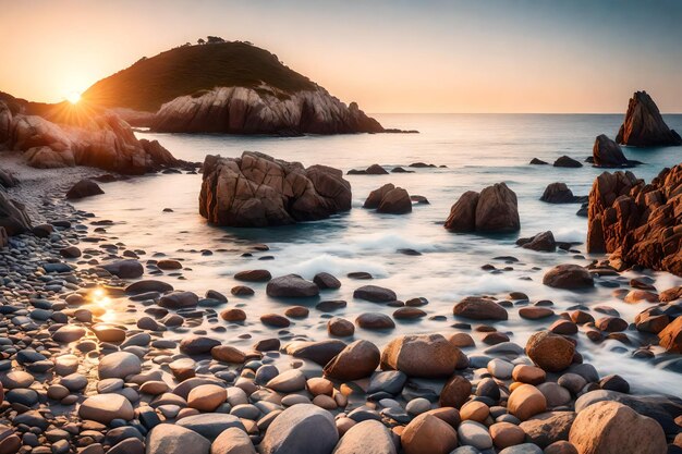 uma vista do pôr-do-sol de uma praia rochosa com uma formação rochosa na água