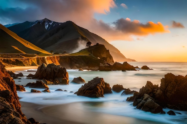 Foto uma vista do pôr-do-sol de uma praia rochosa com uma montanha ao fundo.