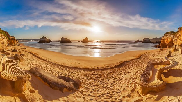 uma vista do pôr-do-sol do oceano com as rochas ao fundo