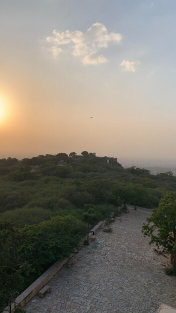 Foto uma vista do pôr do sol sobre uma colina com uma colina e árvores em primeiro plano.