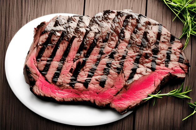 Foto uma vista frontal de carne frita com verduras dentro de um prato escuro na mesa de madeira marrom.